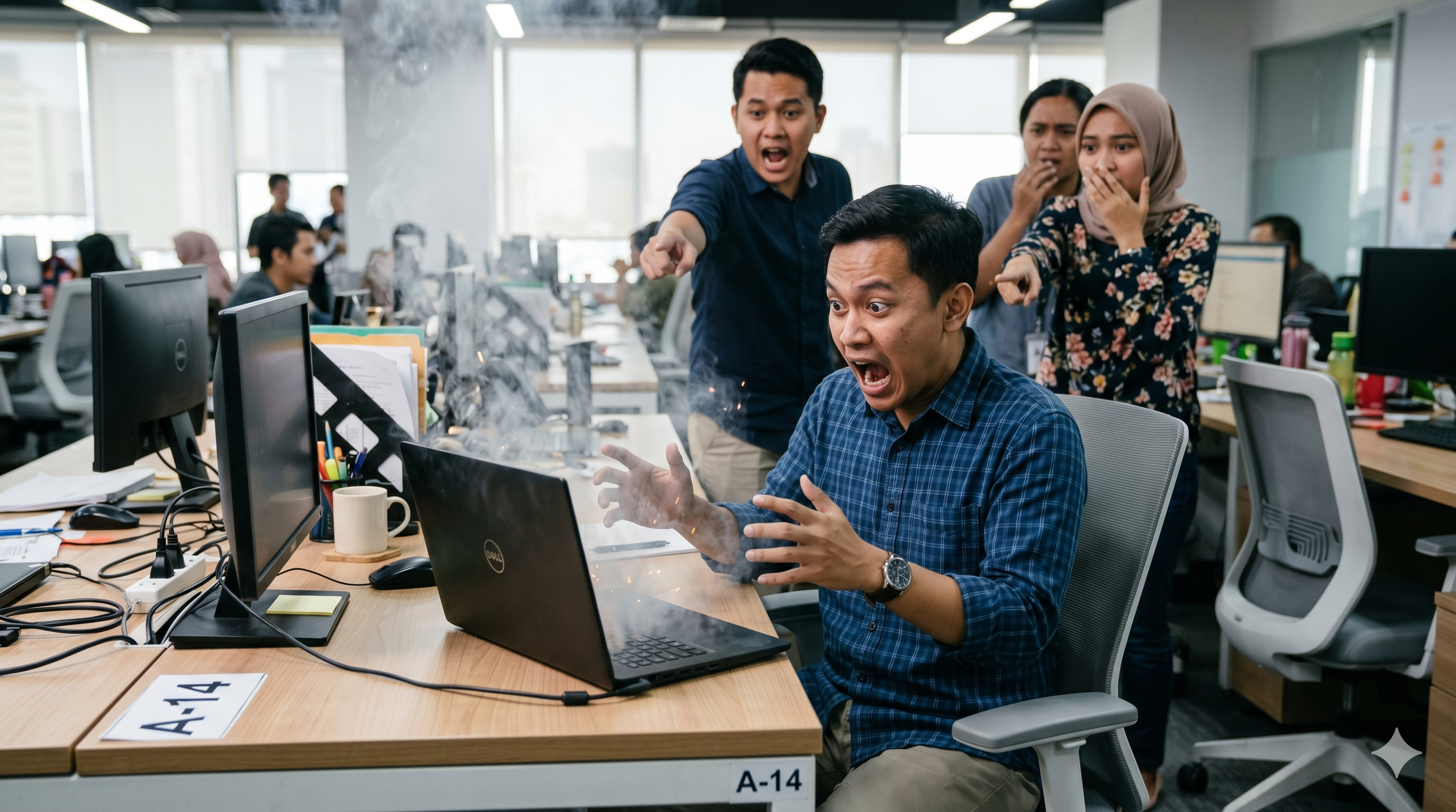 Ilustrasi teknisi mengecek laptop yang perlu diservice